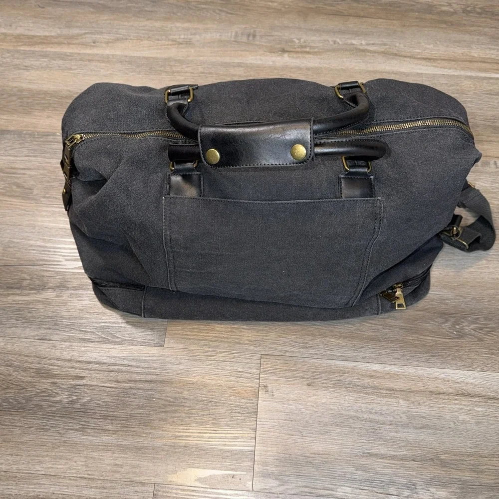 Viva Terry Weekender Duffel Bag Dark Gray Canvas Body Faux Leather Shoe Compart.